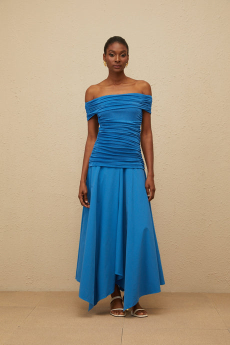 Aurohaya Amélie Blue Off-Shoulder Ruched Maxi Dress