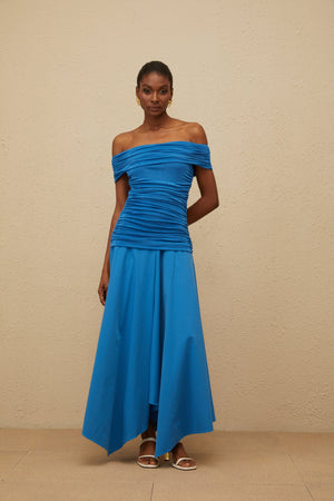 Aurohaya Amélie Blue Off-Shoulder Ruched Maxi Dress