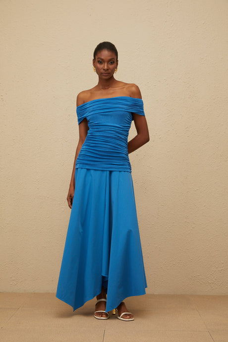 Aurohaya Amélie Blue Off-Shoulder Ruched Maxi Dress