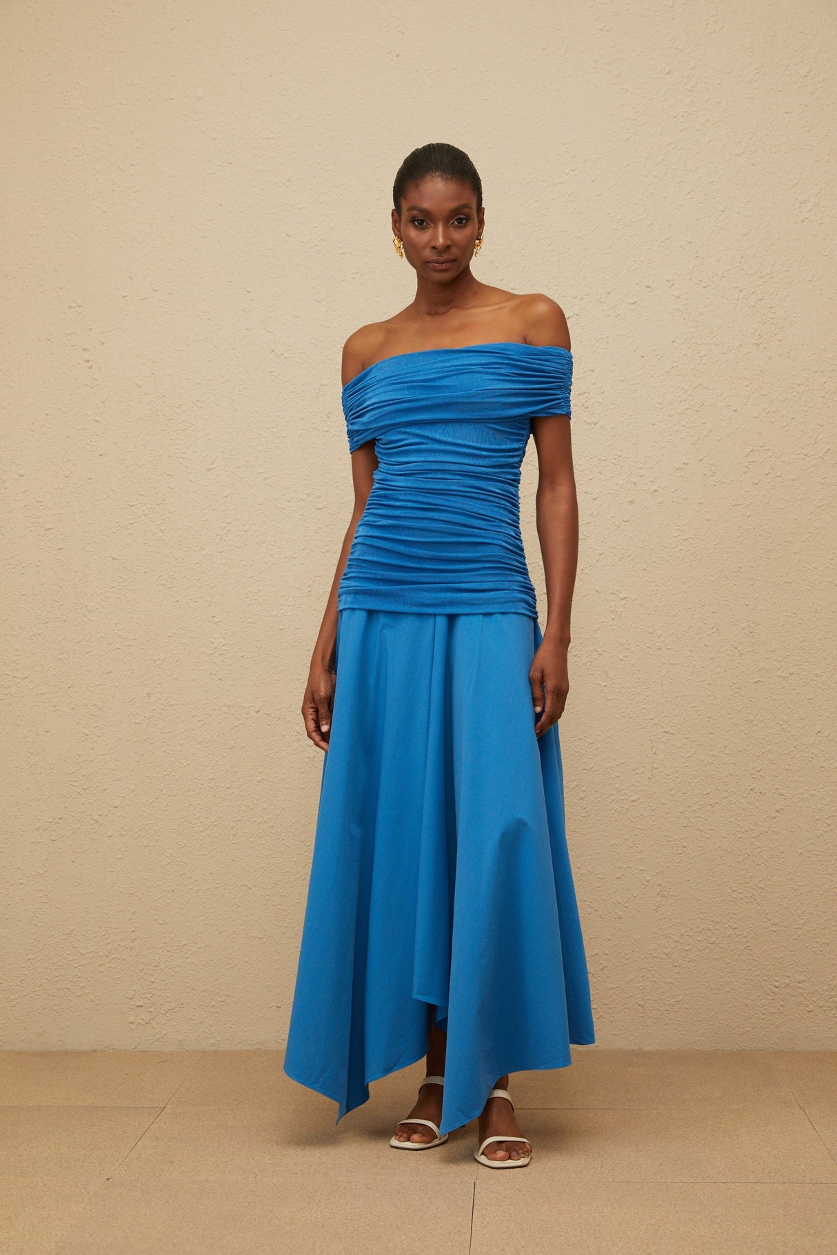 Aurohaya Amélie Blue Off-Shoulder Ruched Maxi Dress