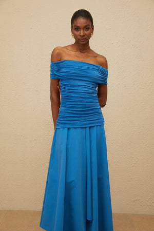 Aurohaya Amélie Blue Off-Shoulder Ruched Maxi Dress