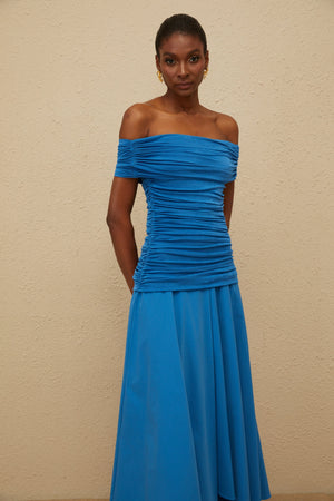 Aurohaya Amélie Blue Off-Shoulder Ruched Maxi Dress