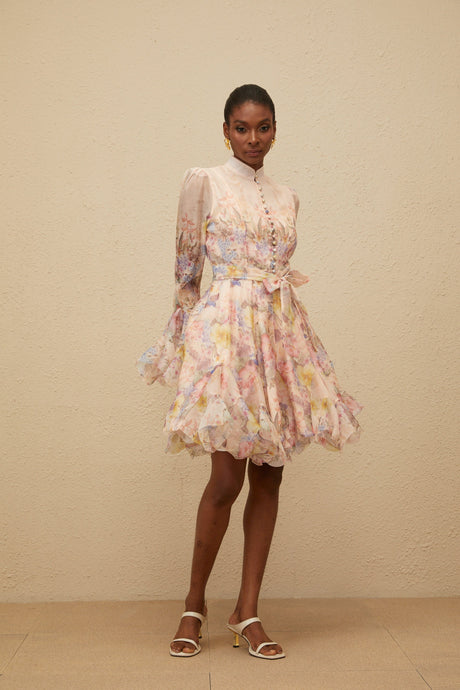 Aurohaya Aya Pink Godet Floral Mini Dress