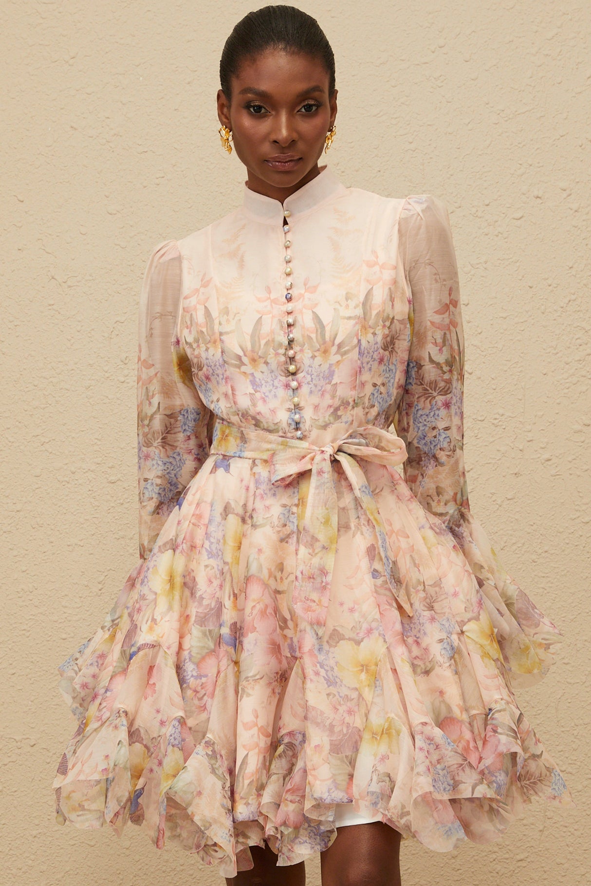 Aurohaya Aya Pink Godet Floral Mini Dress