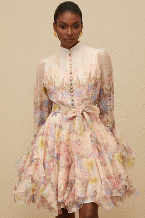 Aurohaya Aya Pink Godet Floral Mini Dress