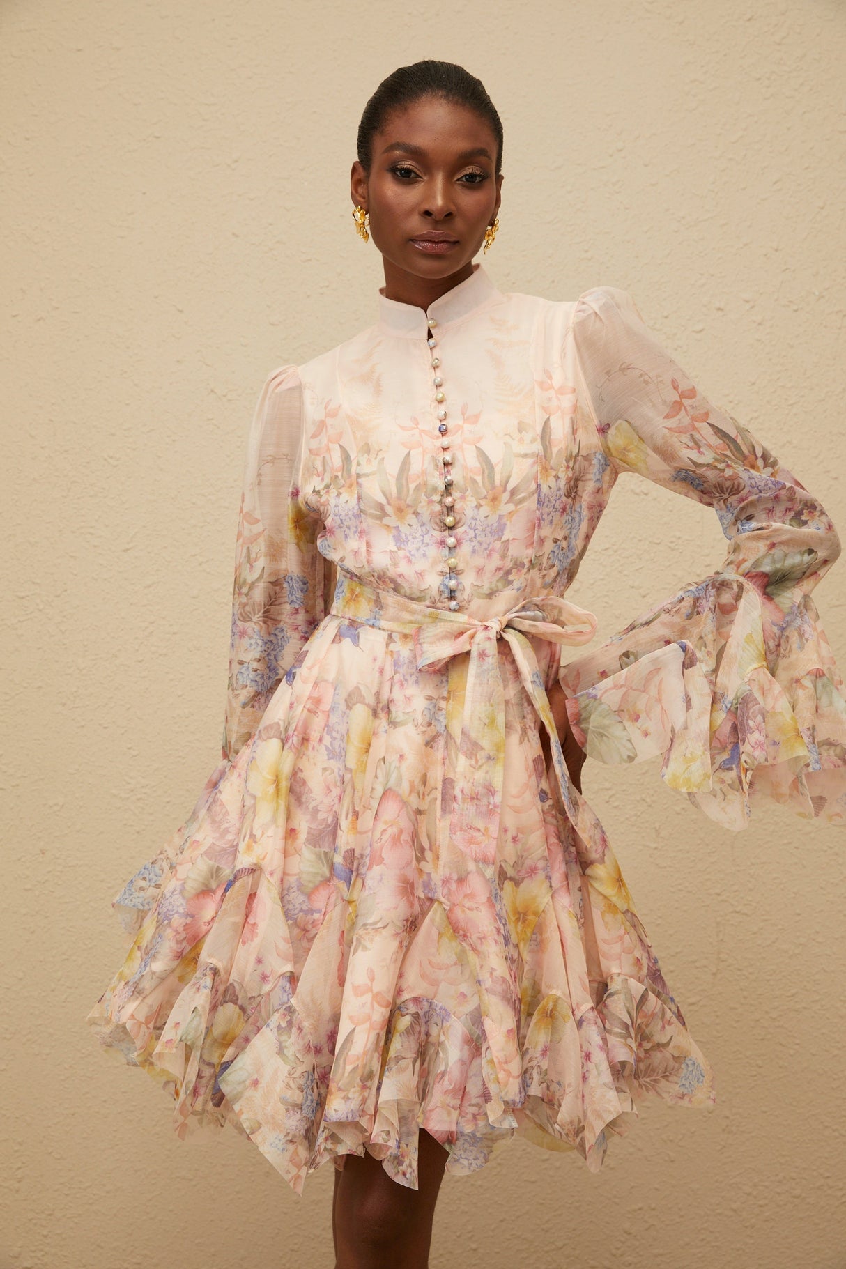 Aurohaya Aya Pink Godet Floral Mini Dress