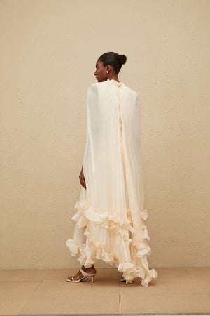 Aurohaya Intemporelle Neutral Cape Pleated Midi Dress