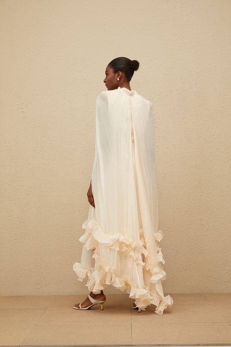 Aurohaya Intemporelle Neutral Cape Pleated Midi Dress