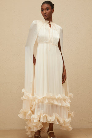 Aurohaya Intemporelle Neutral Cape Pleated Midi Dress