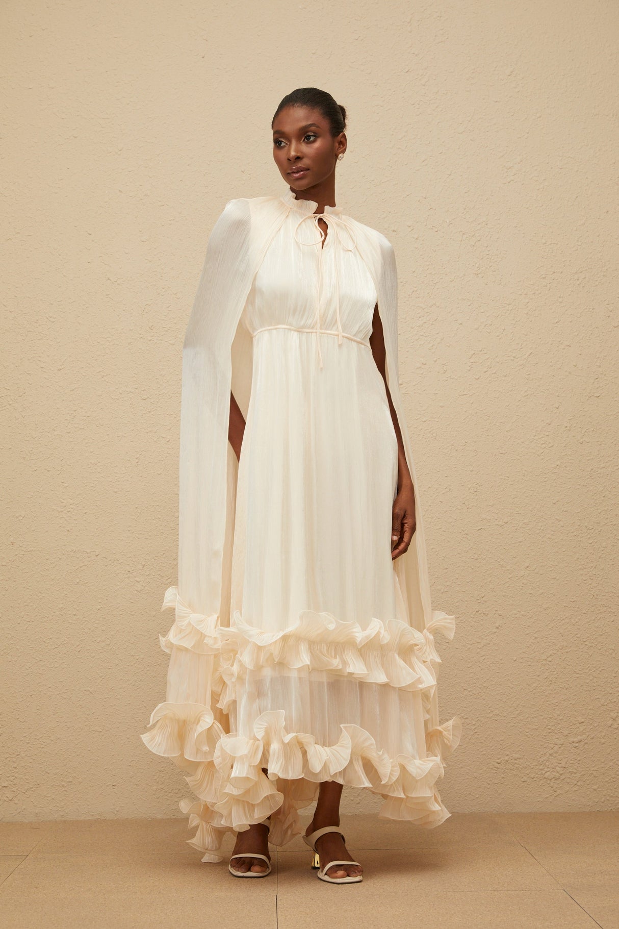 Aurohaya Intemporelle Neutral Cape Pleated Midi Dress