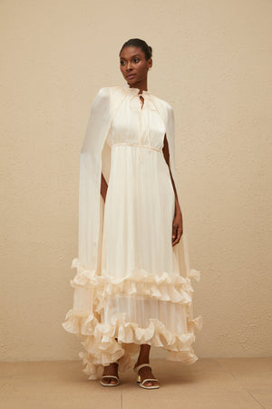 Aurohaya Intemporelle Neutral Cape Pleated Midi Dress