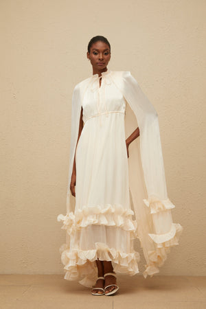 Aurohaya Intemporelle Neutral Cape Pleated Midi Dress