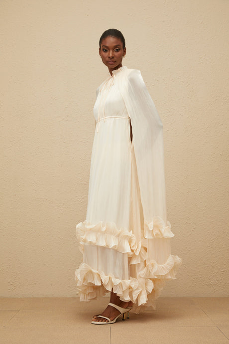 Aurohaya Intemporelle Neutral Cape Pleated Midi Dress