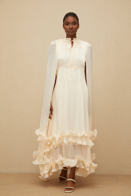 Aurohaya Intemporelle Neutral Cape Pleated Midi Dress