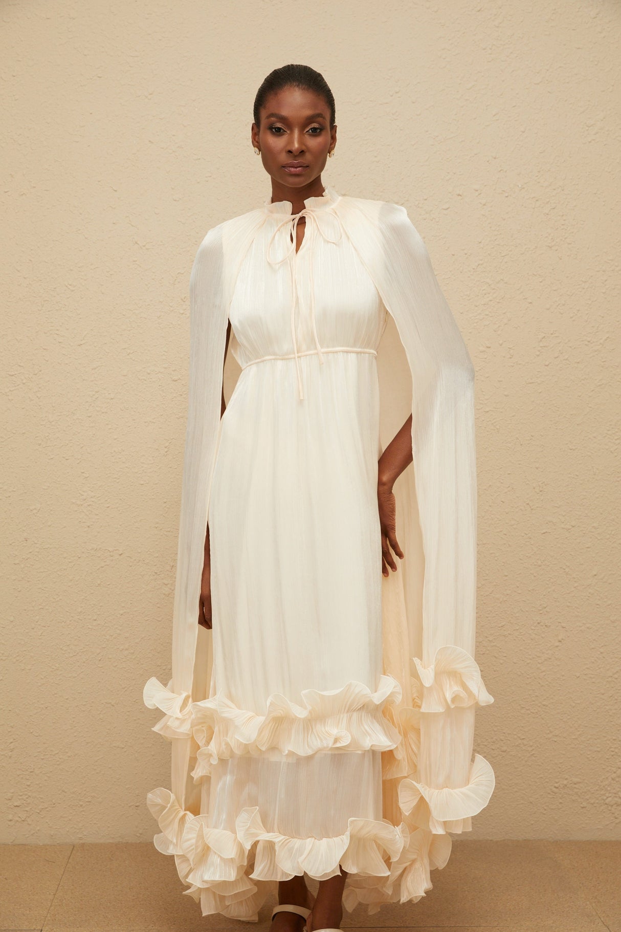 Aurohaya Intemporelle Neutral Cape Pleated Midi Dress