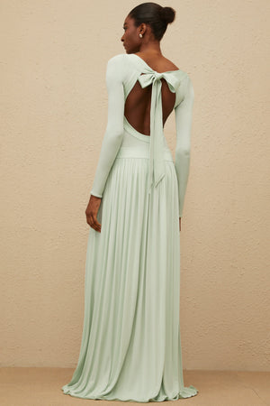 Aurohaya Campagne Green Open-Back Shirred Maxi Dress