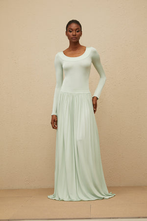Aurohaya Campagne Green Open-Back Shirred Maxi Dress