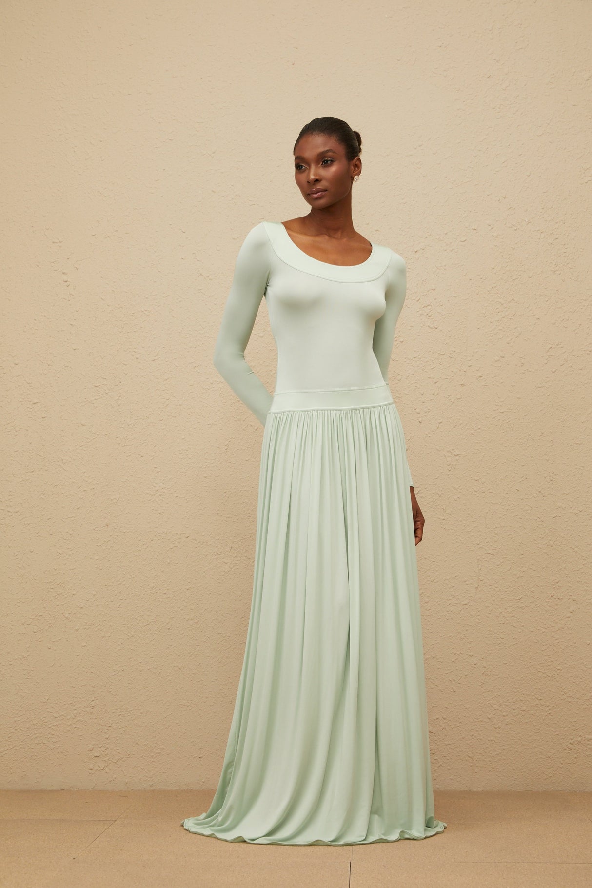 Aurohaya Campagne Green Open-Back Shirred Maxi Dress