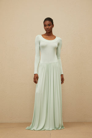 Aurohaya Campagne Green Open-Back Shirred Maxi Dress