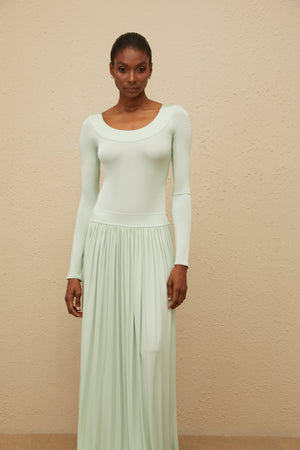 Aurohaya Campagne Green Open-Back Shirred Maxi Dress