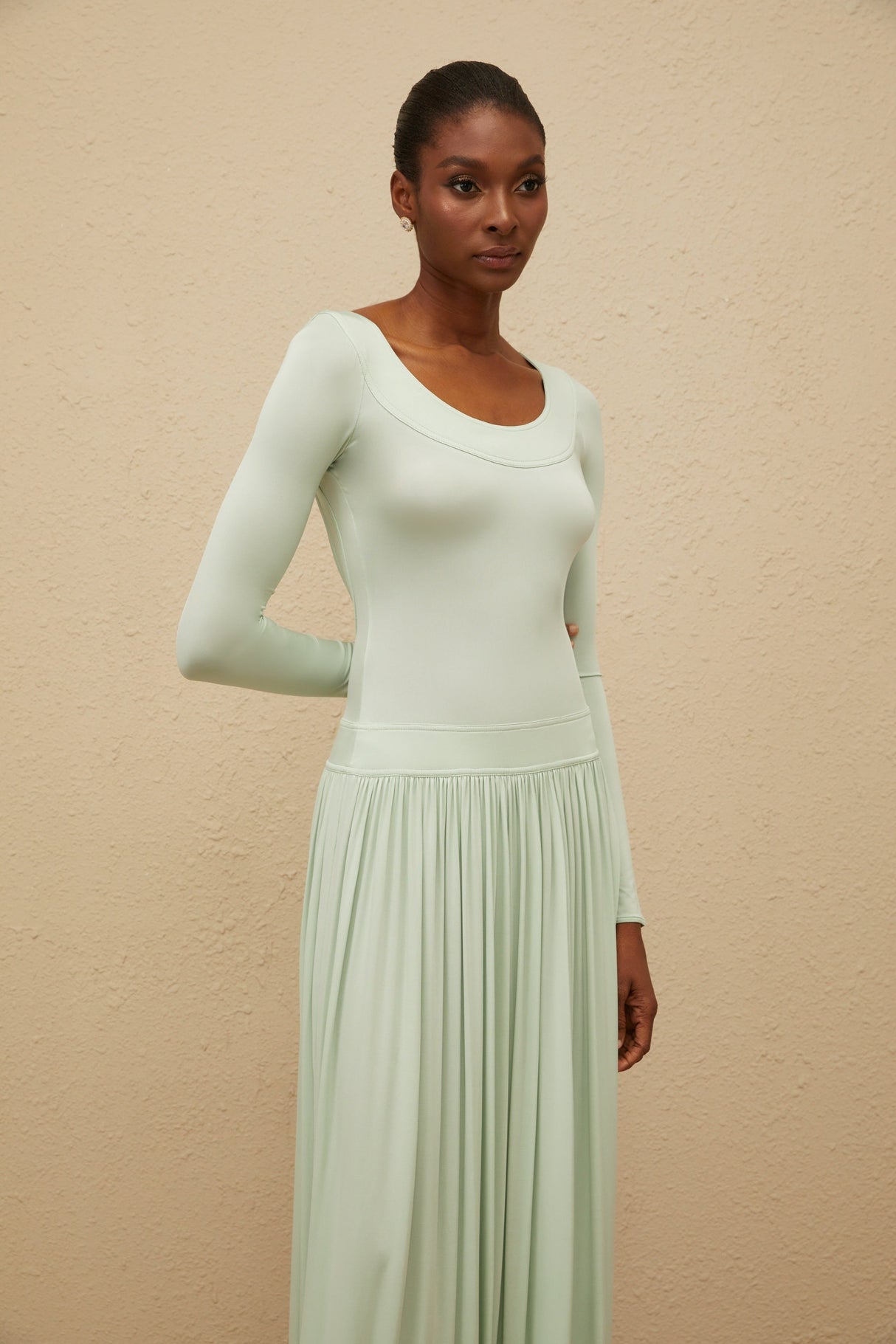 Aurohaya Campagne Green Open-Back Shirred Maxi Dress