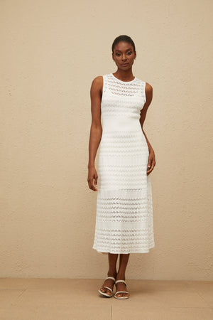 Aurohaya Clothilde White Shirred Crochet Knit Midi Dress