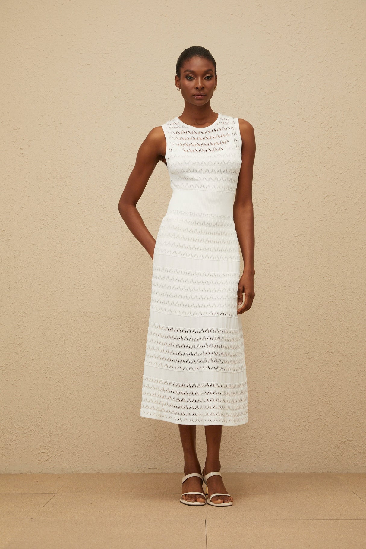 Aurohaya Clothilde White Shirred Crochet Knit Midi Dress