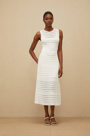 Aurohaya Clothilde White Shirred Crochet Knit Midi Dress