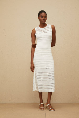 Aurohaya Clothilde White Shirred Crochet Knit Midi Dress
