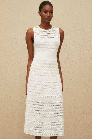 Aurohaya Clothilde White Shirred Crochet Knit Midi Dress