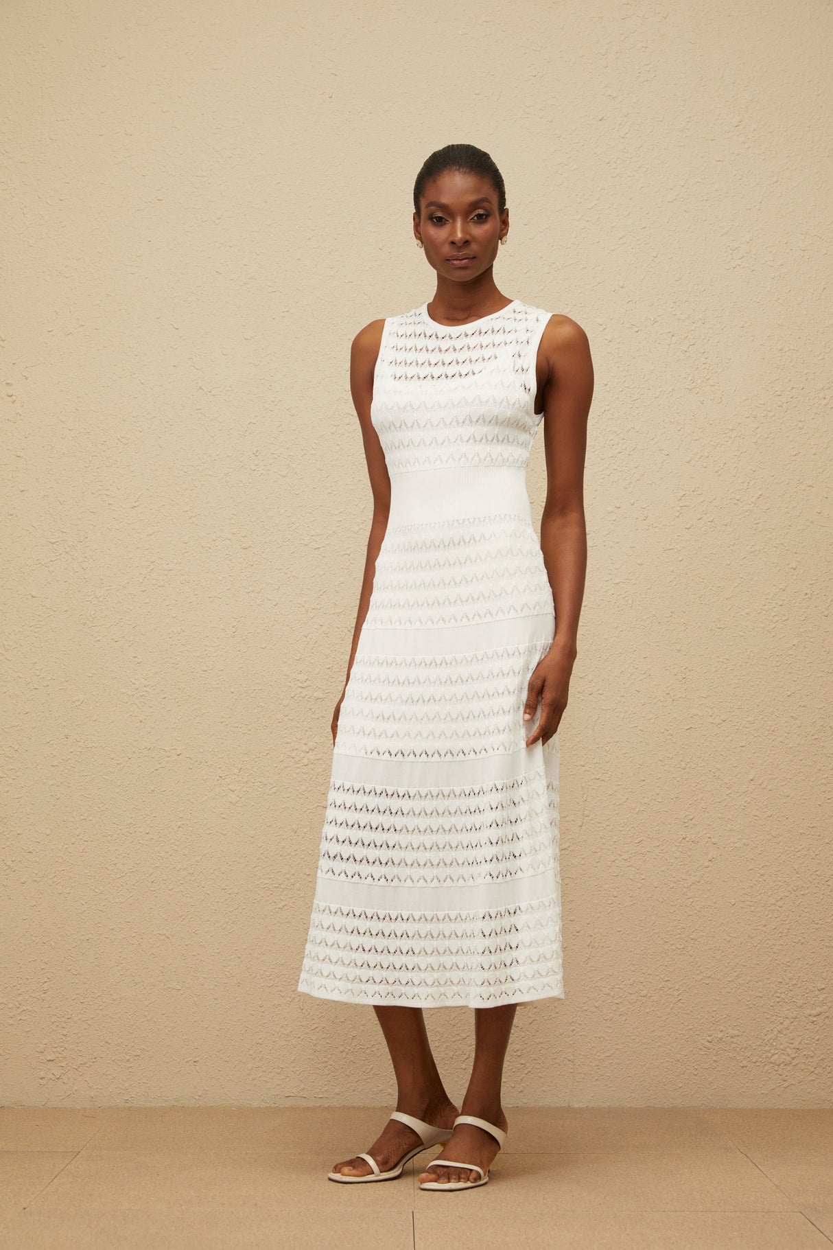 Aurohaya Clothilde White Shirred Crochet Knit Midi Dress