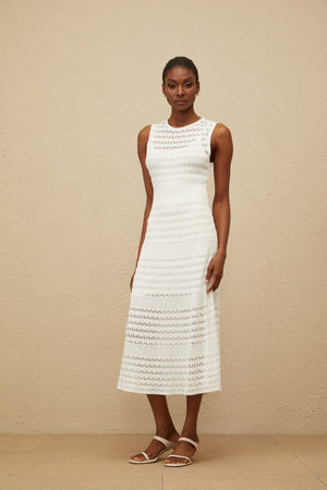 Aurohaya Clothilde White Shirred Crochet Knit Midi Dress