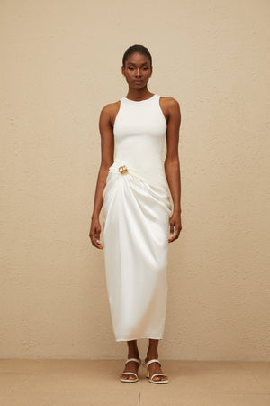 Aurohaya Paloma White Ruched Panel Midi Dress
