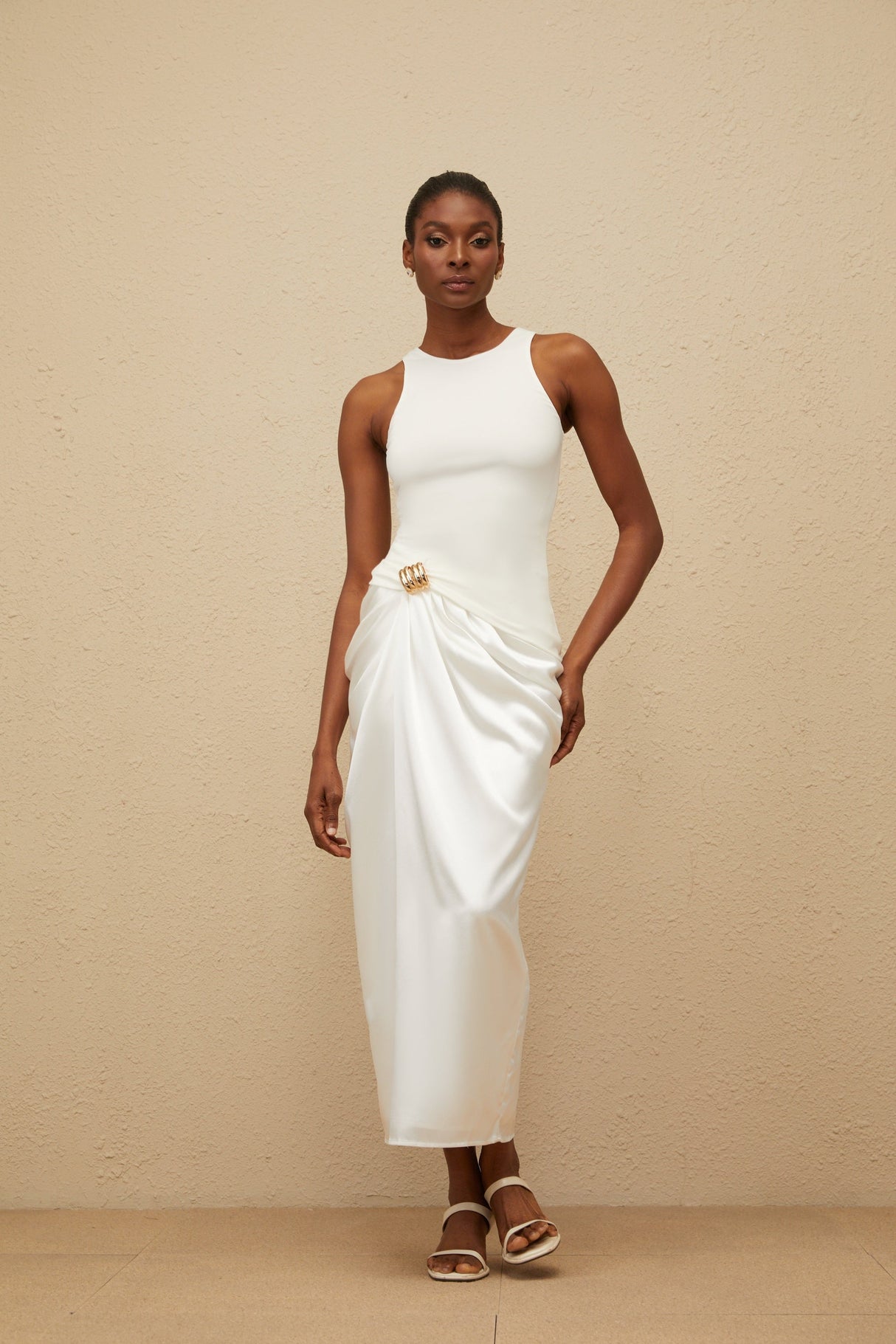 Aurohaya Paloma White Ruched Panel Midi Dress