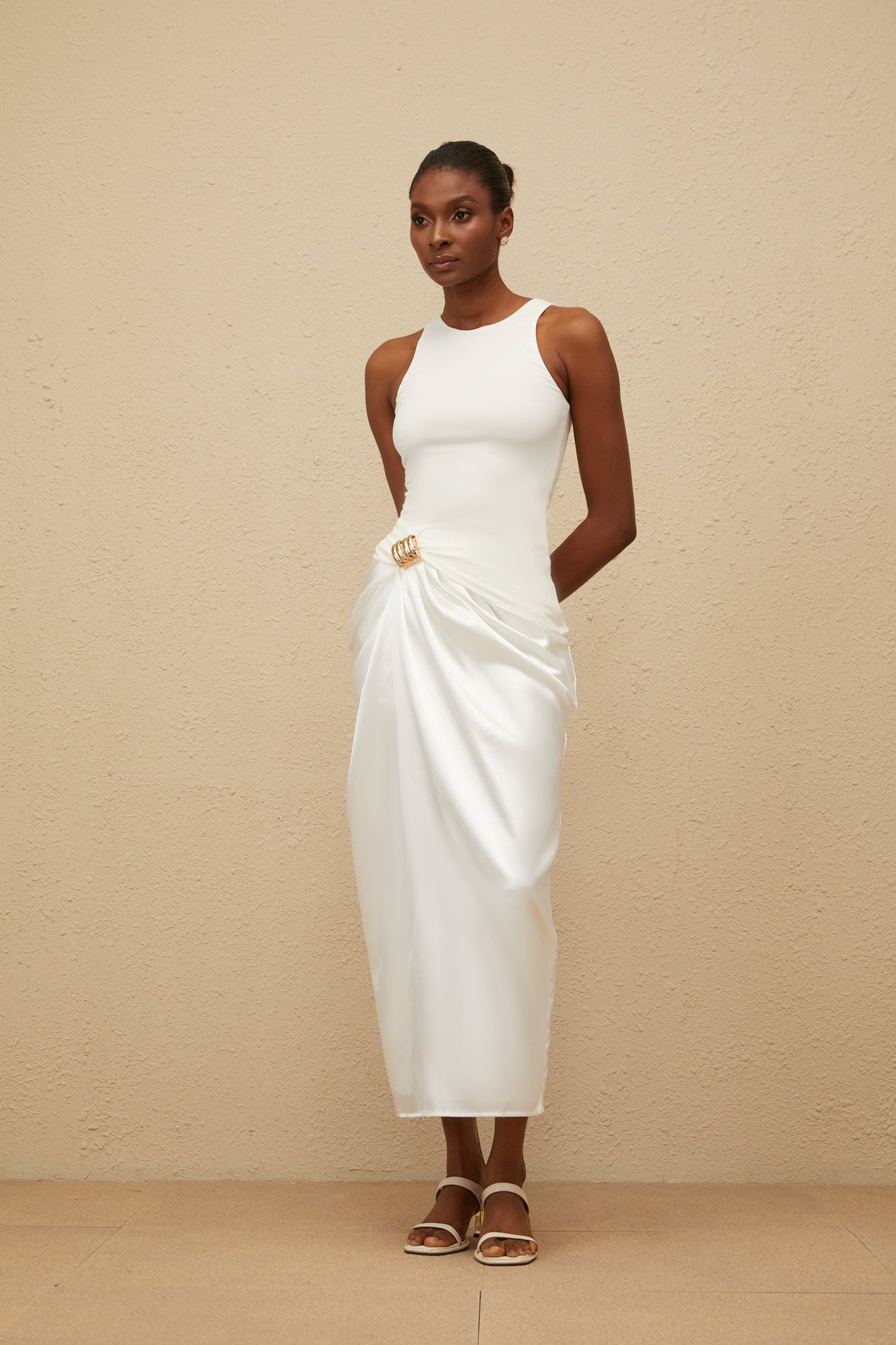 Aurohaya Paloma White Ruched Panel Midi Dress