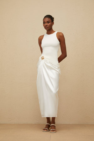 Aurohaya Paloma White Ruched Panel Midi Dress