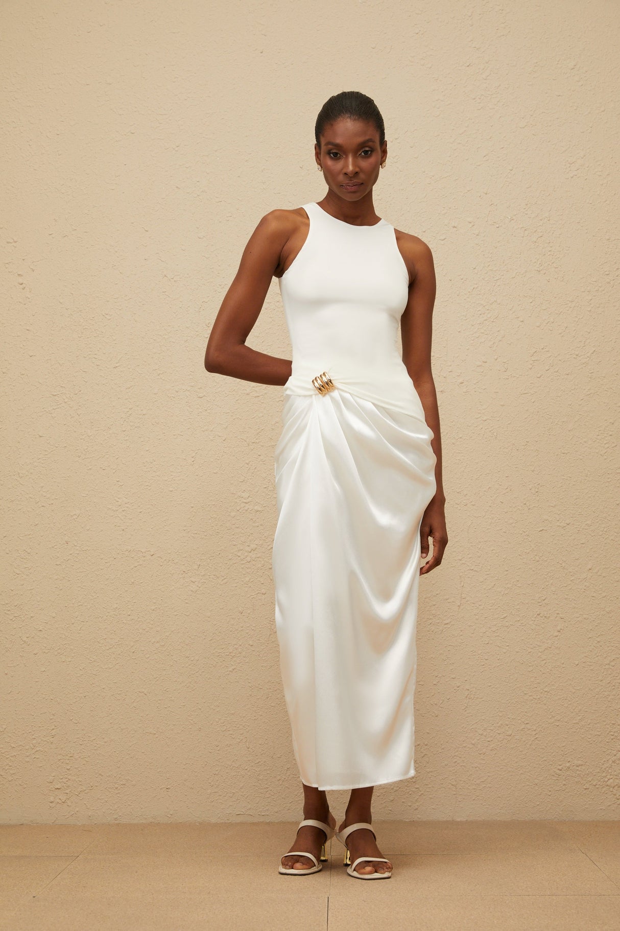 Aurohaya Paloma White Ruched Panel Midi Dress
