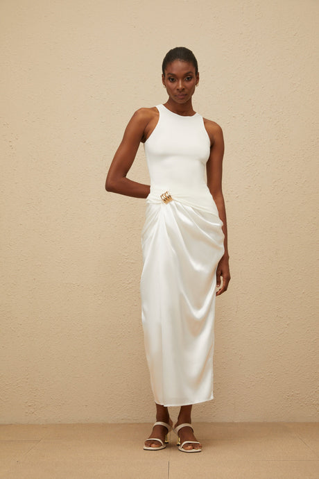 Aurohaya Paloma White Ruched Panel Midi Dress