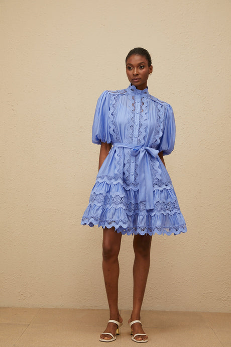 Aurohaya Poema Blue Tiered Motif Embroidered Mini Dress