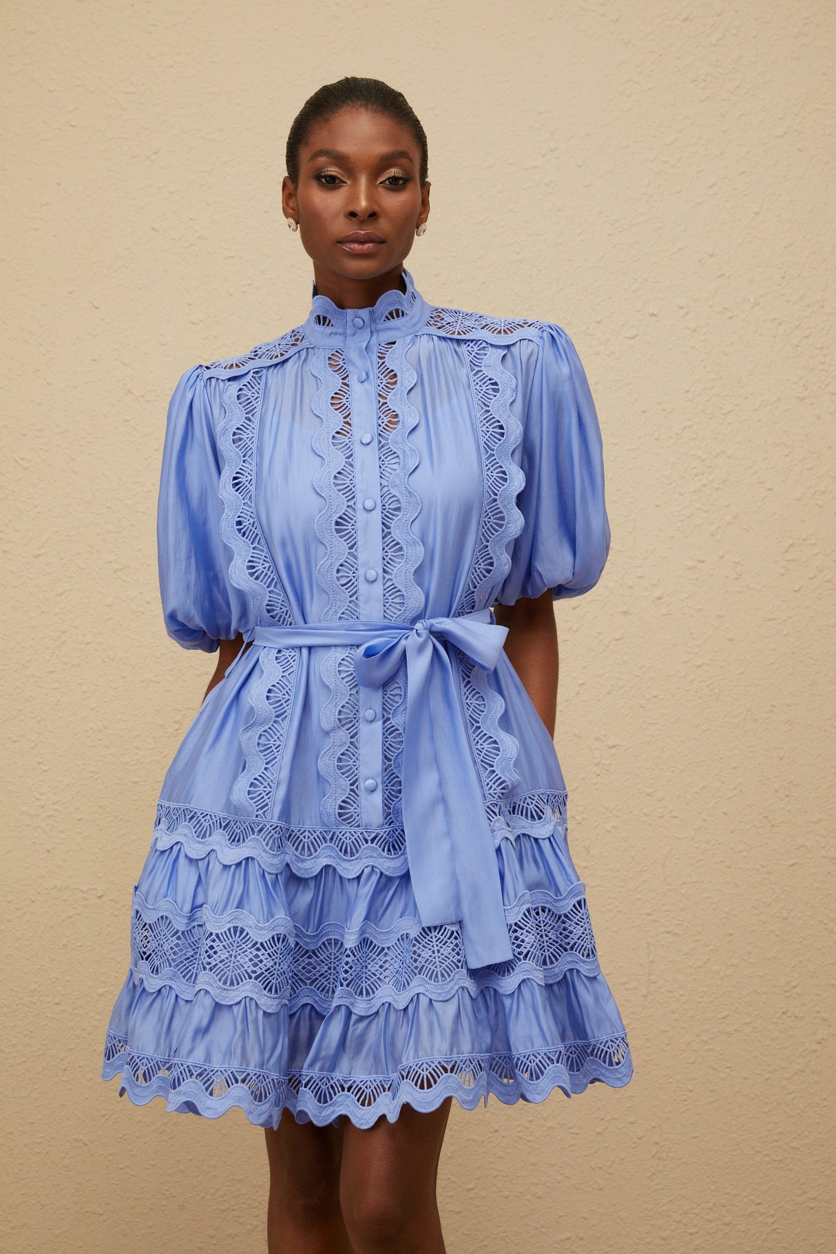 Aurohaya Poema Blue Tiered Motif Embroidered Mini Dress