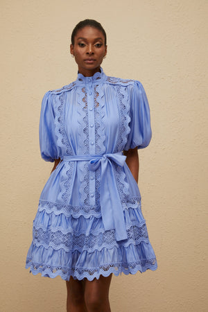 Aurohaya Poema Blue Tiered Motif Embroidered Mini Dress
