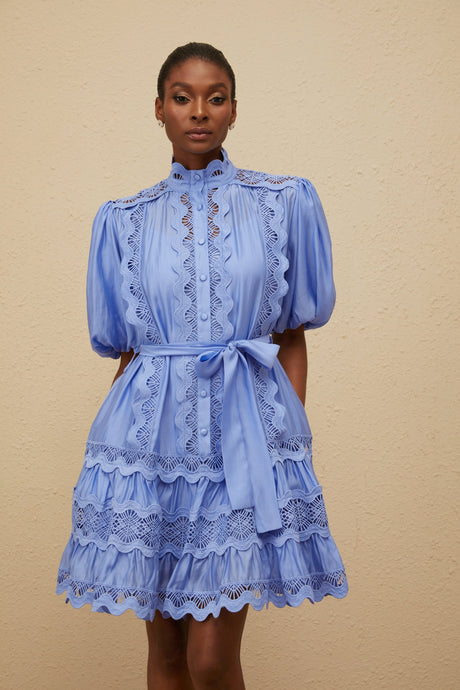 Aurohaya Poema Blue Tiered Motif Embroidered Mini Dress