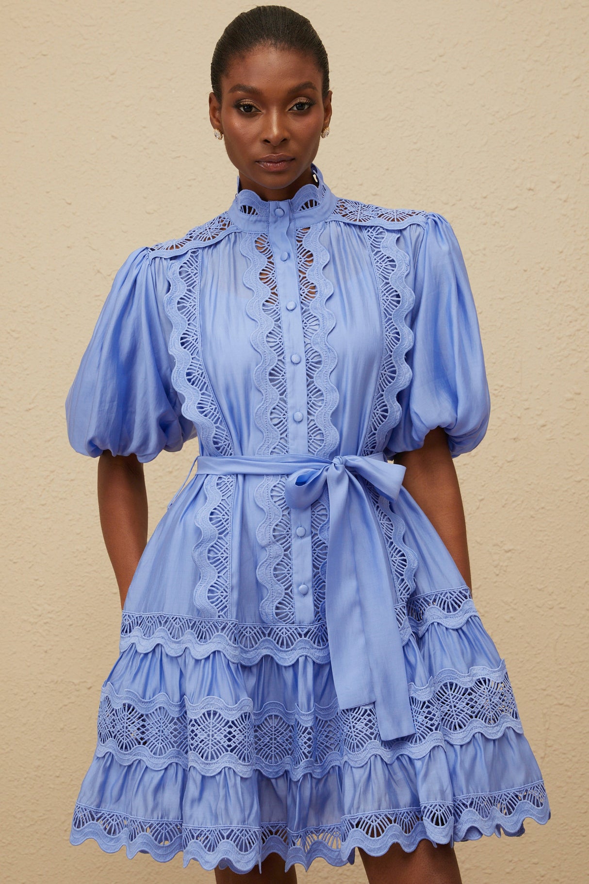 Aurohaya Poema Blue Tiered Motif Embroidered Mini Dress