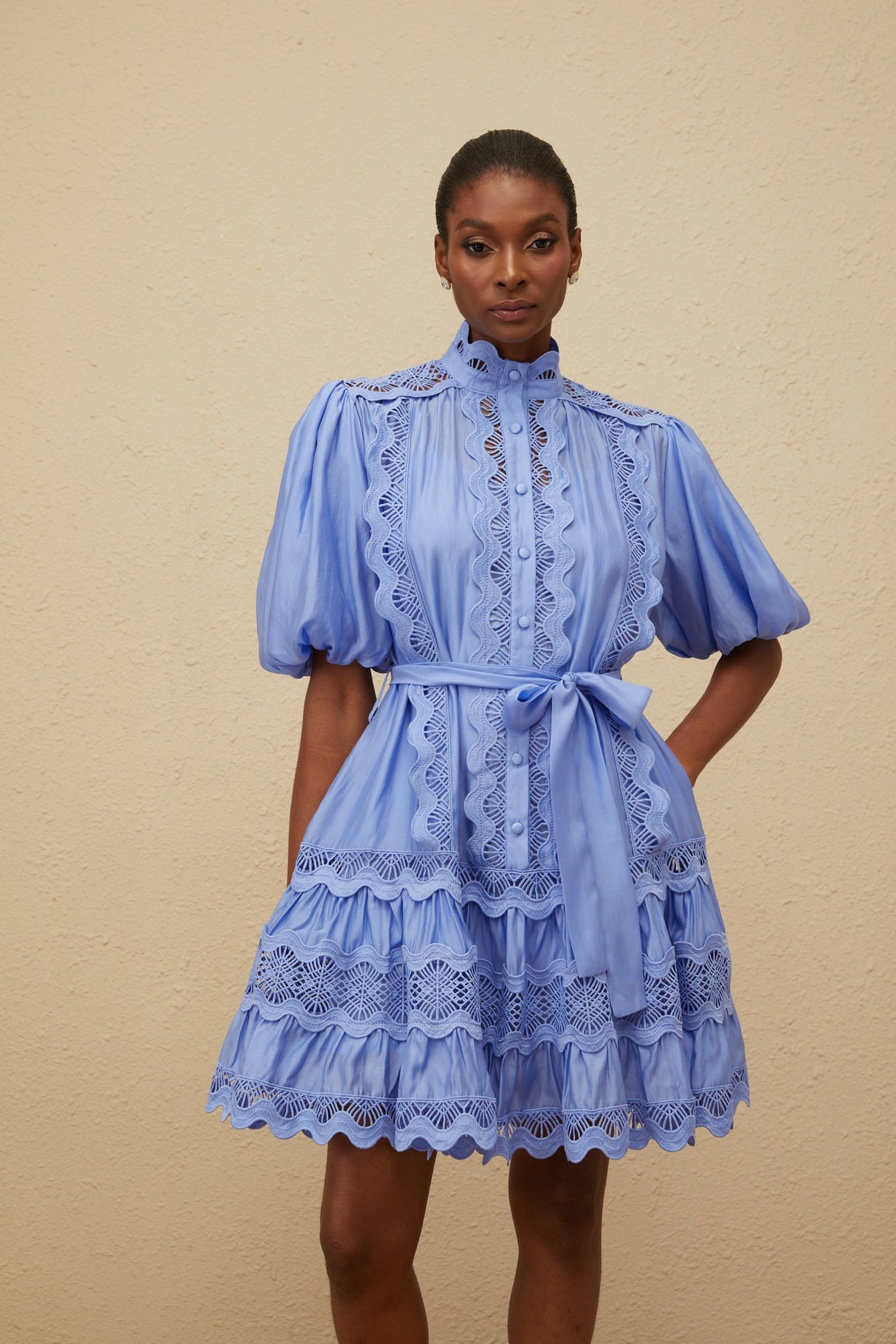 Aurohaya Poema Blue Tiered Motif Embroidered Mini Dress
