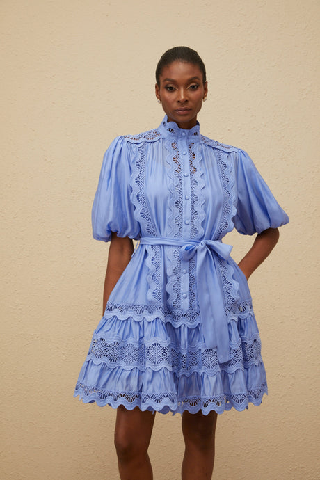 Aurohaya Poema Blue Tiered Motif Embroidered Mini Dress