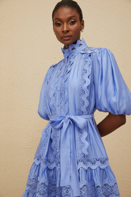 Aurohaya Poema Blue Tiered Motif Embroidered Mini Dress