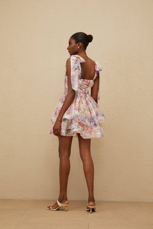 Aurohaya Hélène Pink Flounced Floral Print Mini Dress