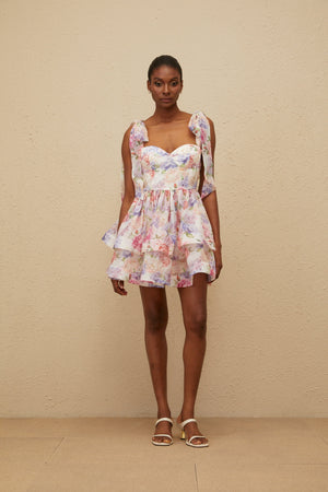 Aurohaya Hélène Pink Flounced Floral Print Mini Dress