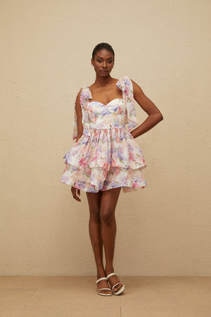 Aurohaya Hélène Pink Flounced Floral Print Mini Dress
