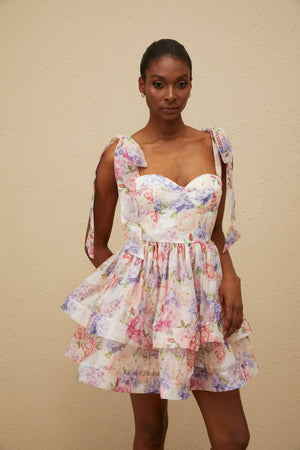 Aurohaya Hélène Pink Flounced Floral Print Mini Dress